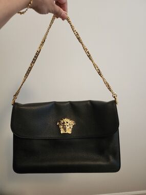 Versace Black Leather Shoulder Bag with Gold Medusa Chain
